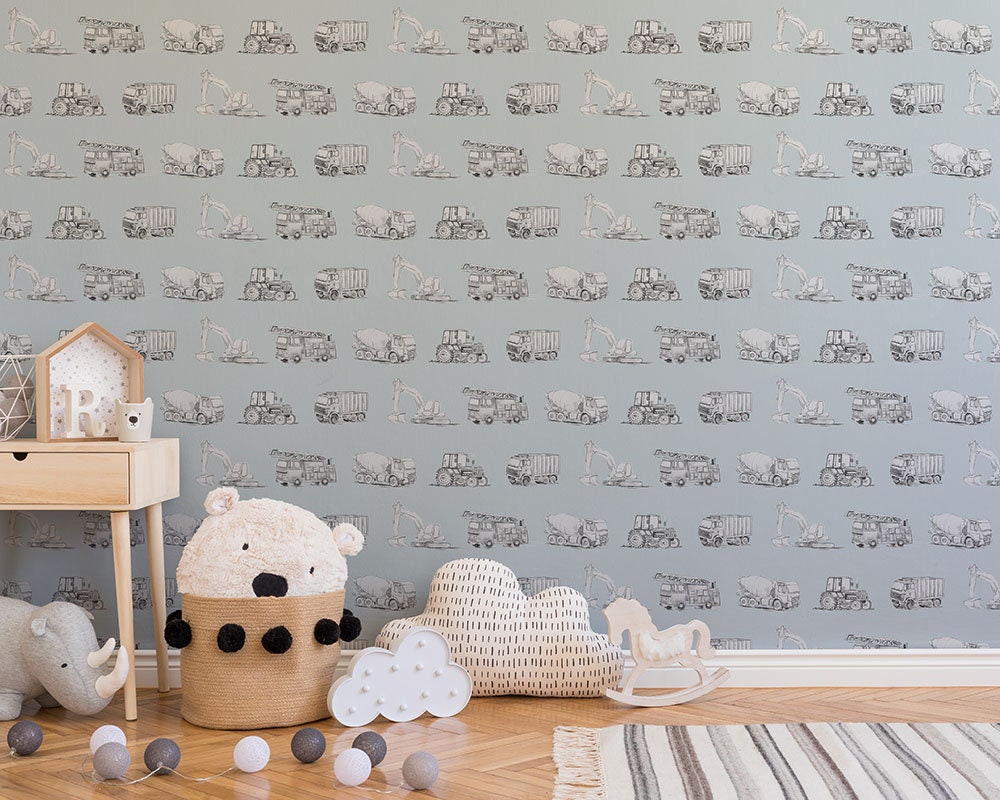 Watercolour Vehicles Wallpaper | Diggers, Fire Engines &amp; Trucks | Kids Bedroom &amp; Nursery