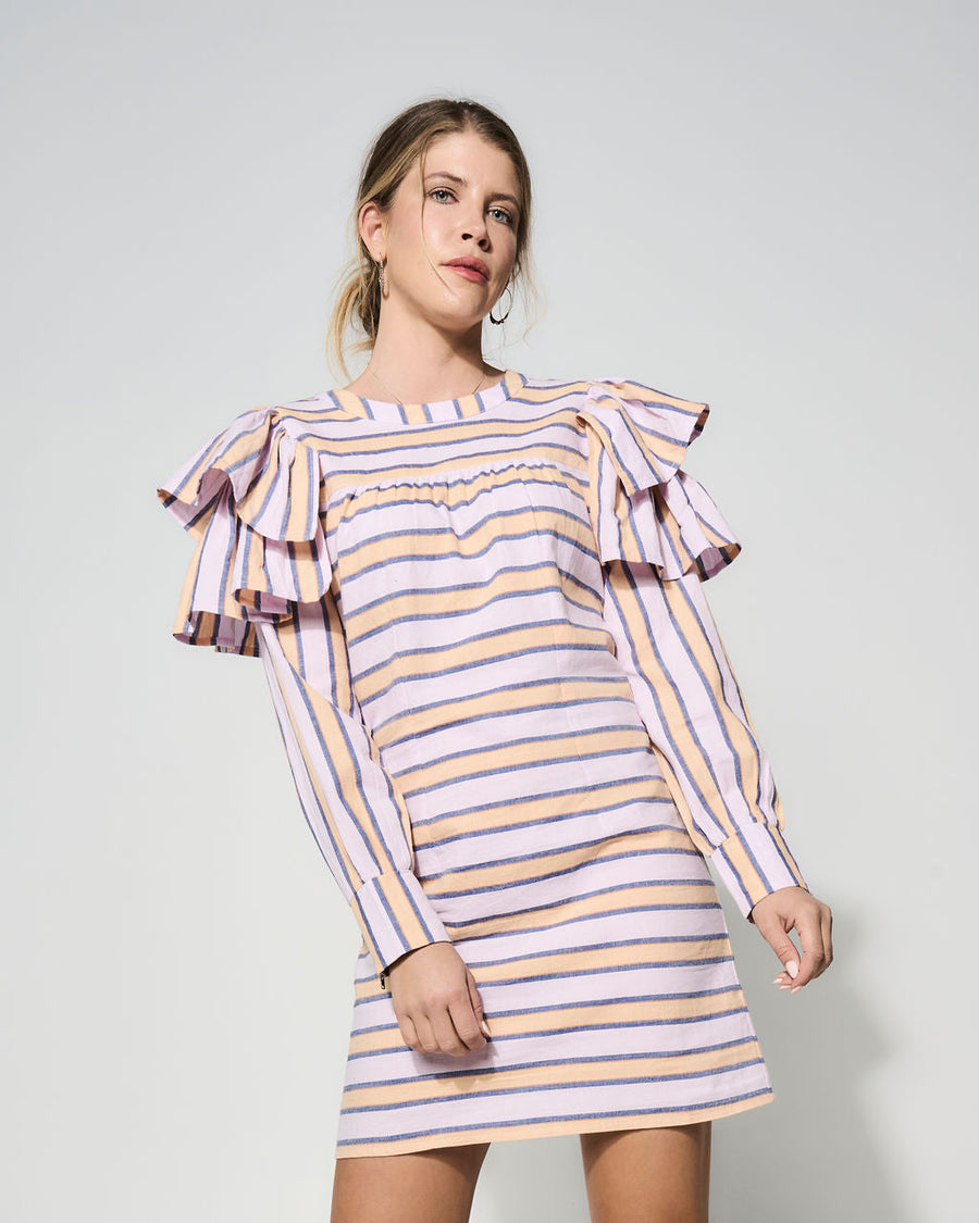 Luxury striped dress with ruffle shoulders, feminine and edgy, premium cotton fabric, best-selling statement piece by GILD at brixbailey.com