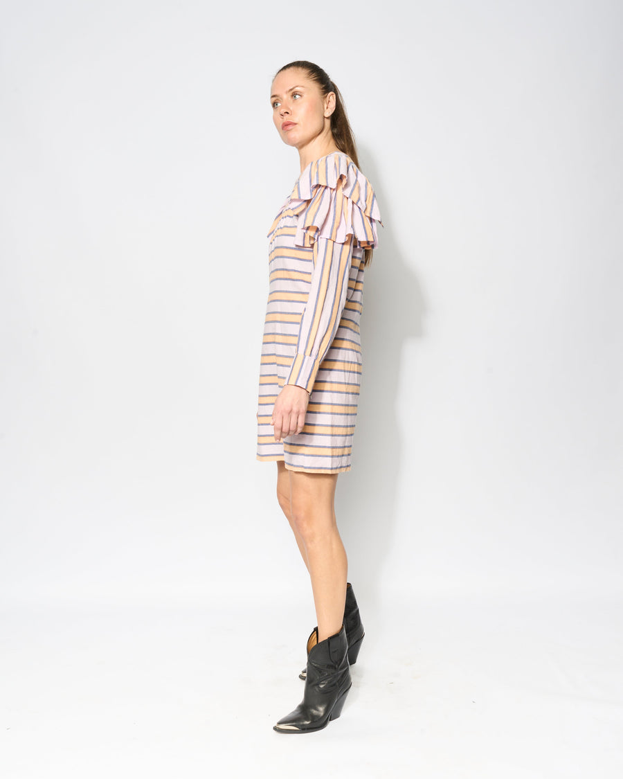 Luxury striped dress with ruffle shoulders, feminine and edgy, premium cotton fabric, best-selling statement piece by GILD at brixbailey.com