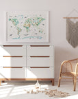 Hand-painted wildlife world map print for children
