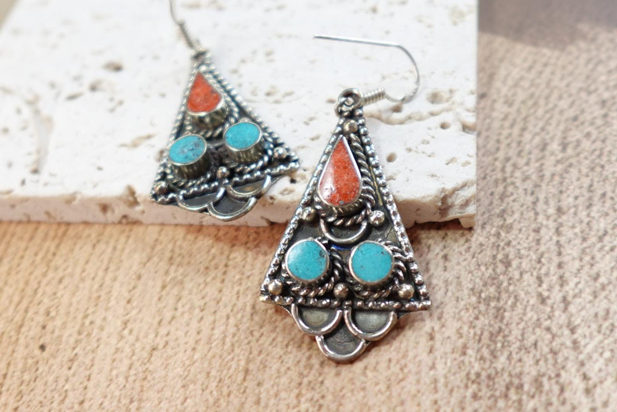 Tribal Boho Triangle Drop Earrings with Turquoise &amp; Coral Stones – Antique Silver Finish.