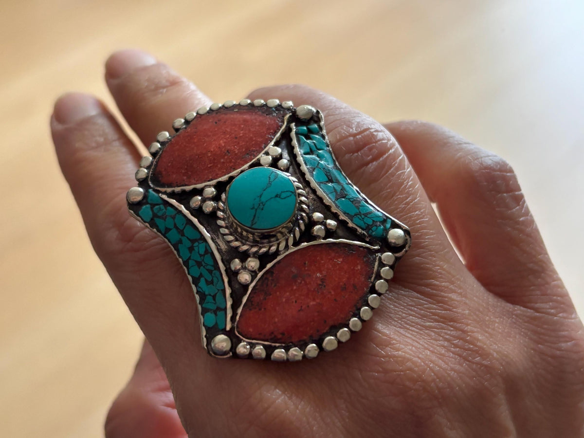 Adjustable Tibetan Silver Ring – Turquoise, Coral &amp; Lapis Inlay