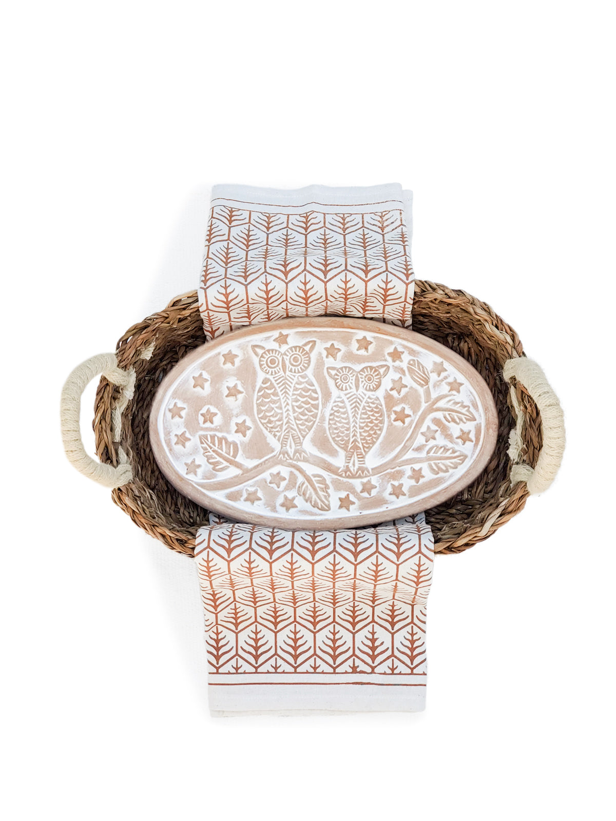 Bread Warmer &amp; Basket Gift Set with Tea Towel - Owl Oval