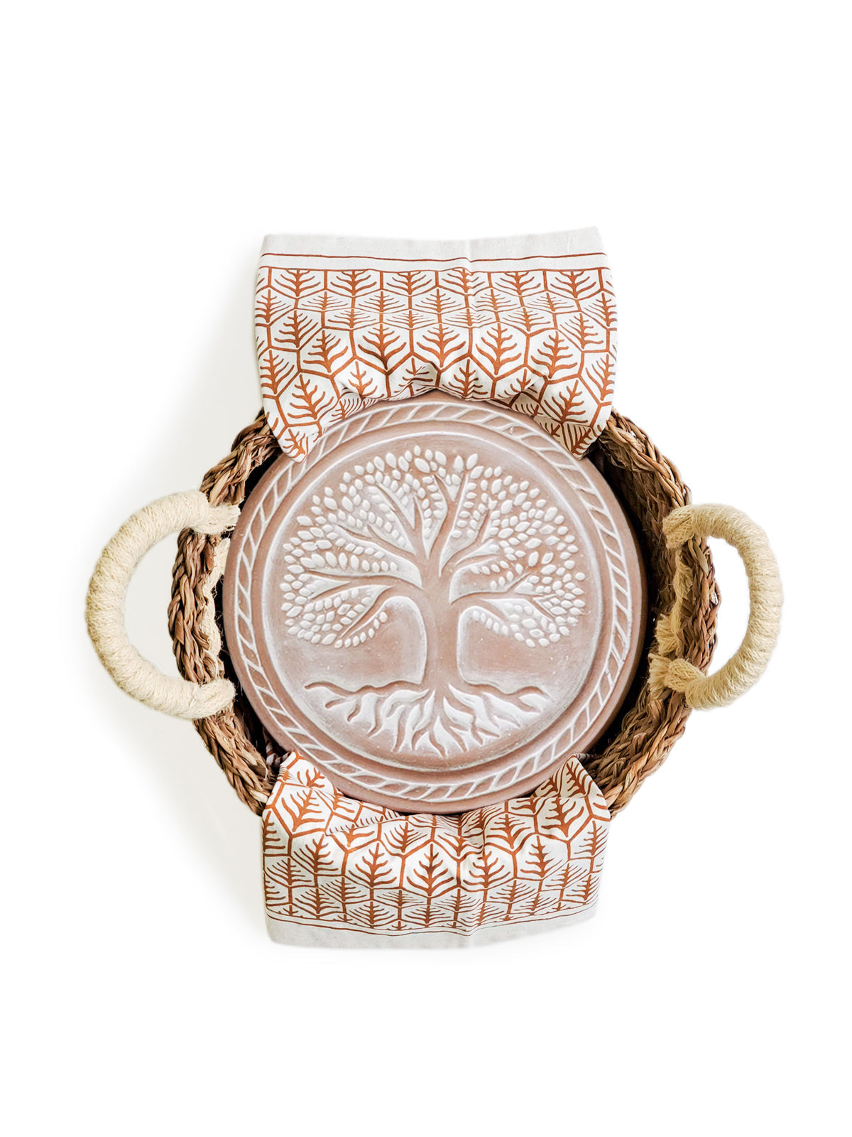 Bread Warmer &amp; Basket Gift Set with Tea Towel - Tree of Life Round