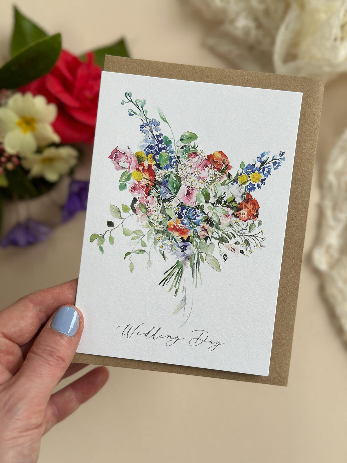 Floral Happy Wedding Day Card – Hand-Painted Watercolour Bouquet