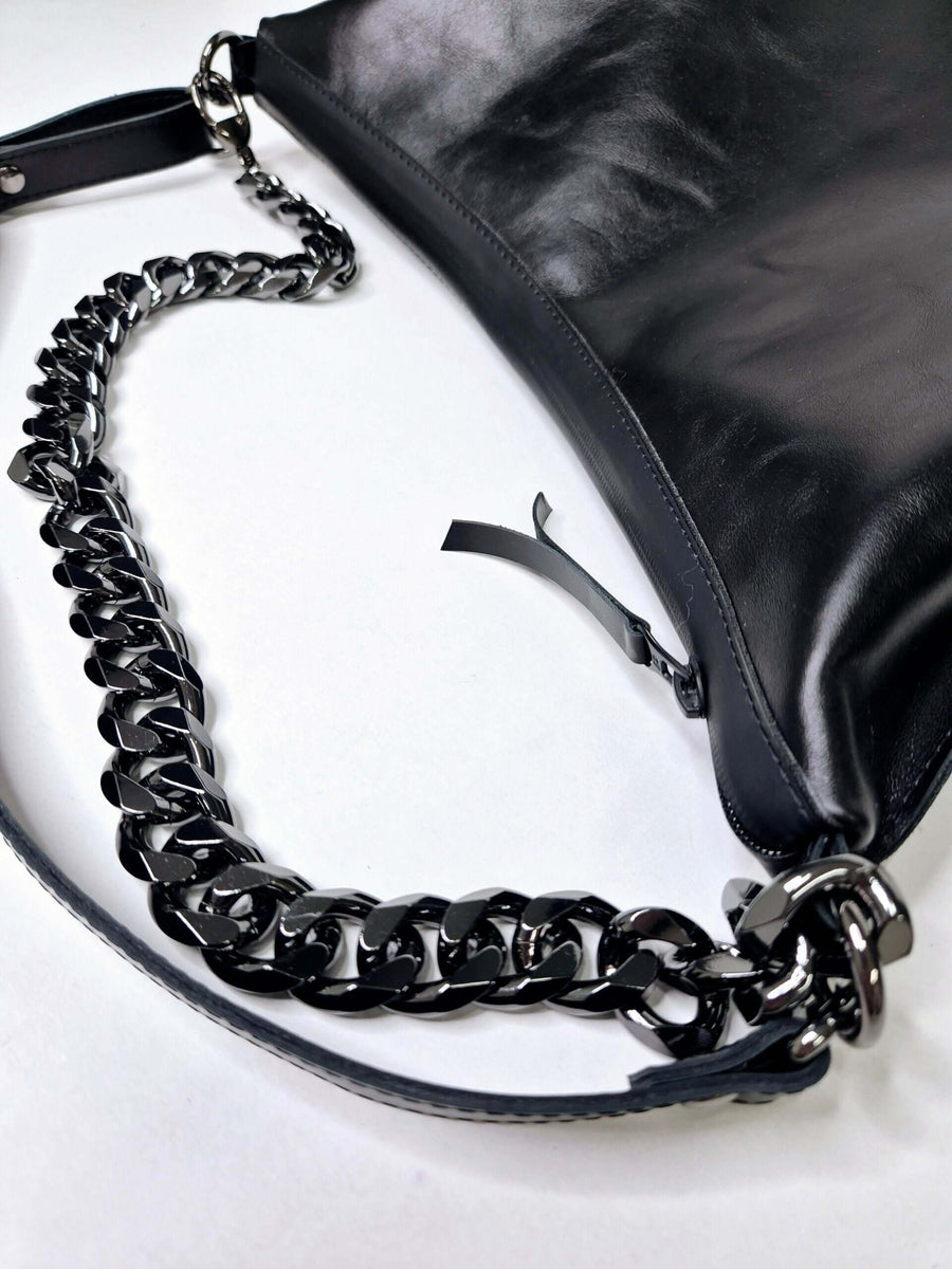 Black Leather Handbag with Metallic Accents, Crossbody