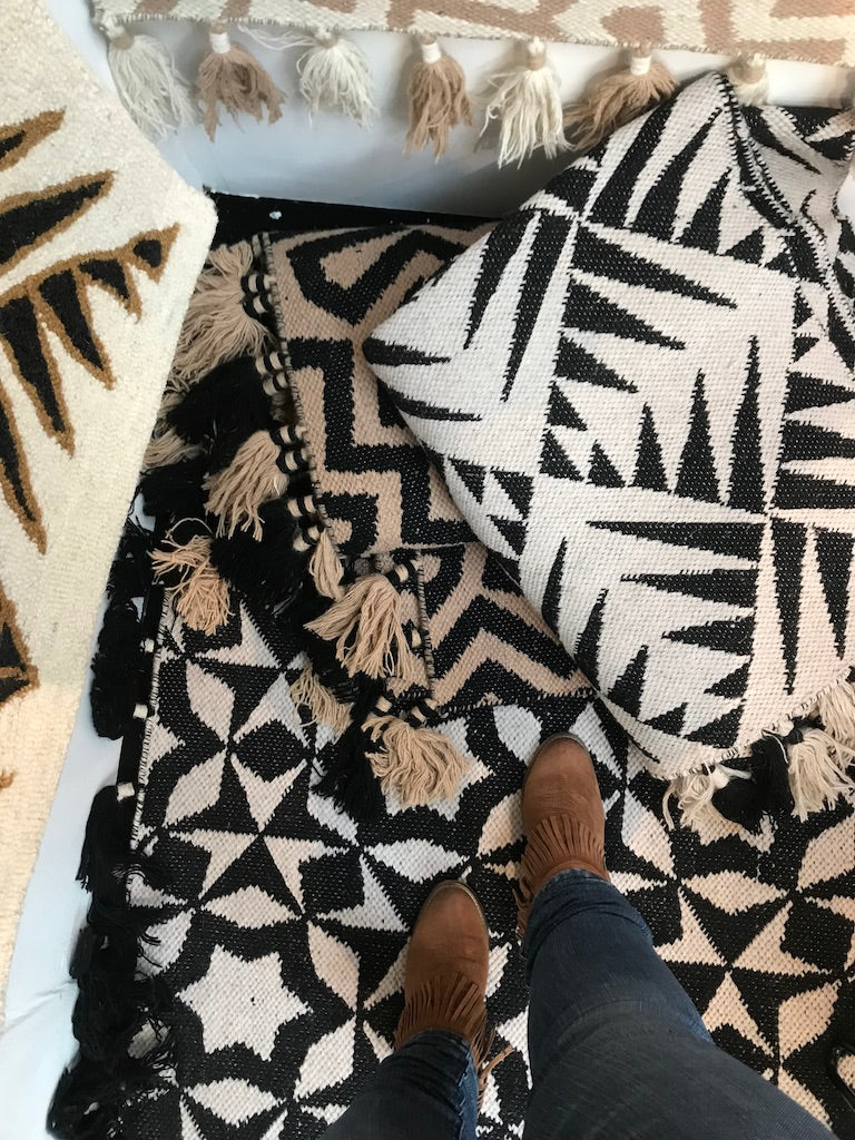 Premium monochrome flat weave rug, handmade in India, pure wool, geometric design, large edge tassels, 170x240cm, neutral tones by Maria Starling Design at brixbailey.com