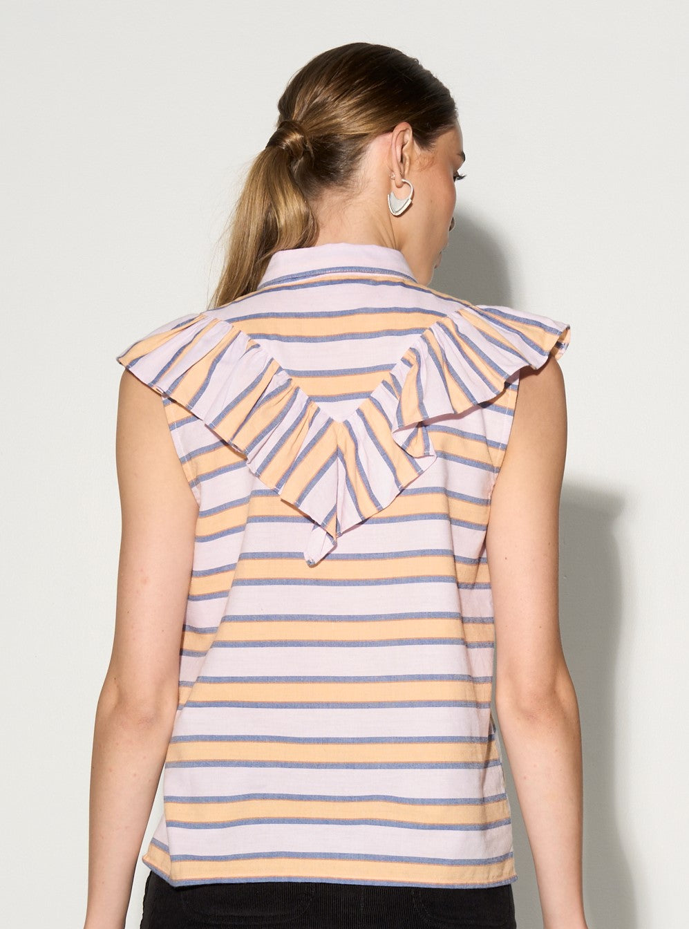 Premium feminine ruffle blouse, stylish multi-color stripe print, dramatic yoke ruffle, handloomed cotton, luxury fabric buttons, versatile summer top by GILD at brixbailey.com