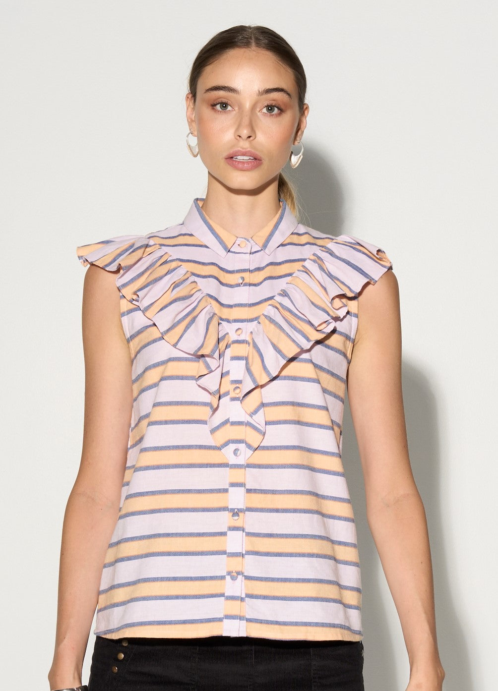 Premium multi-color stripe ruffle blouse, feminine and edgy, handloomed cotton, flutter sleeve, luxury fabric buttons by GILD at brixbailey.com