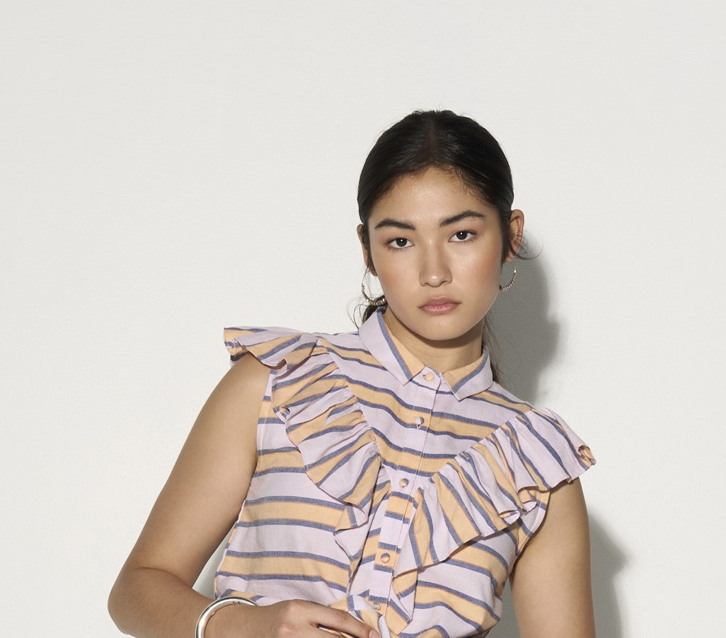 Premium feminine ruffle blouse, stylish multi-color stripe print, dramatic yoke ruffle, handloomed cotton, trending summer top by GILD at brixbailey.com