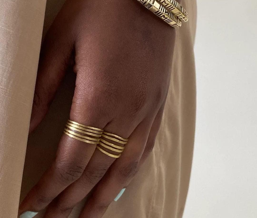 Textured Brass Wrap Ring – Gold/Silver Adjustable Boho Statement Rings.