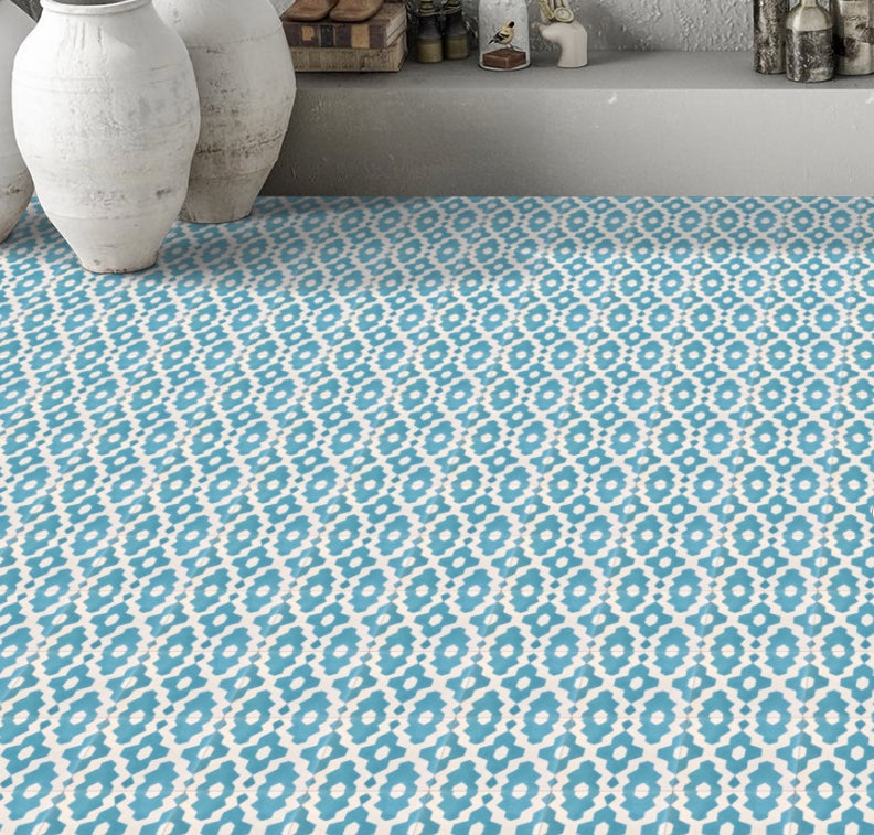 Luxury Moroccan cement tiles, handcrafted Souk turquoise pattern, premium bathroom and kitchen tiles, vibrant exotic design by Maria Starling Design at brixbailey.com