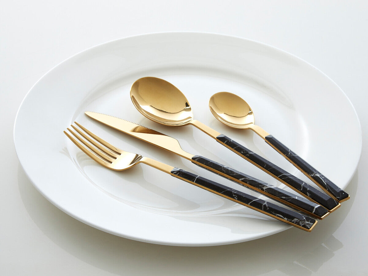 16 Piece Black Faux Marble Cutlery Set | Avie