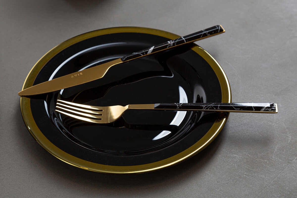 16 Piece Black Faux Marble Cutlery Set | Avie
