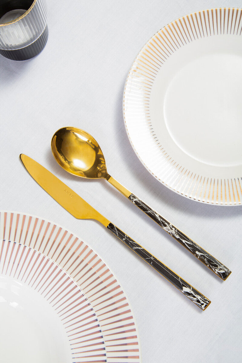 16 Piece Black Faux Marble Cutlery Set | Avie