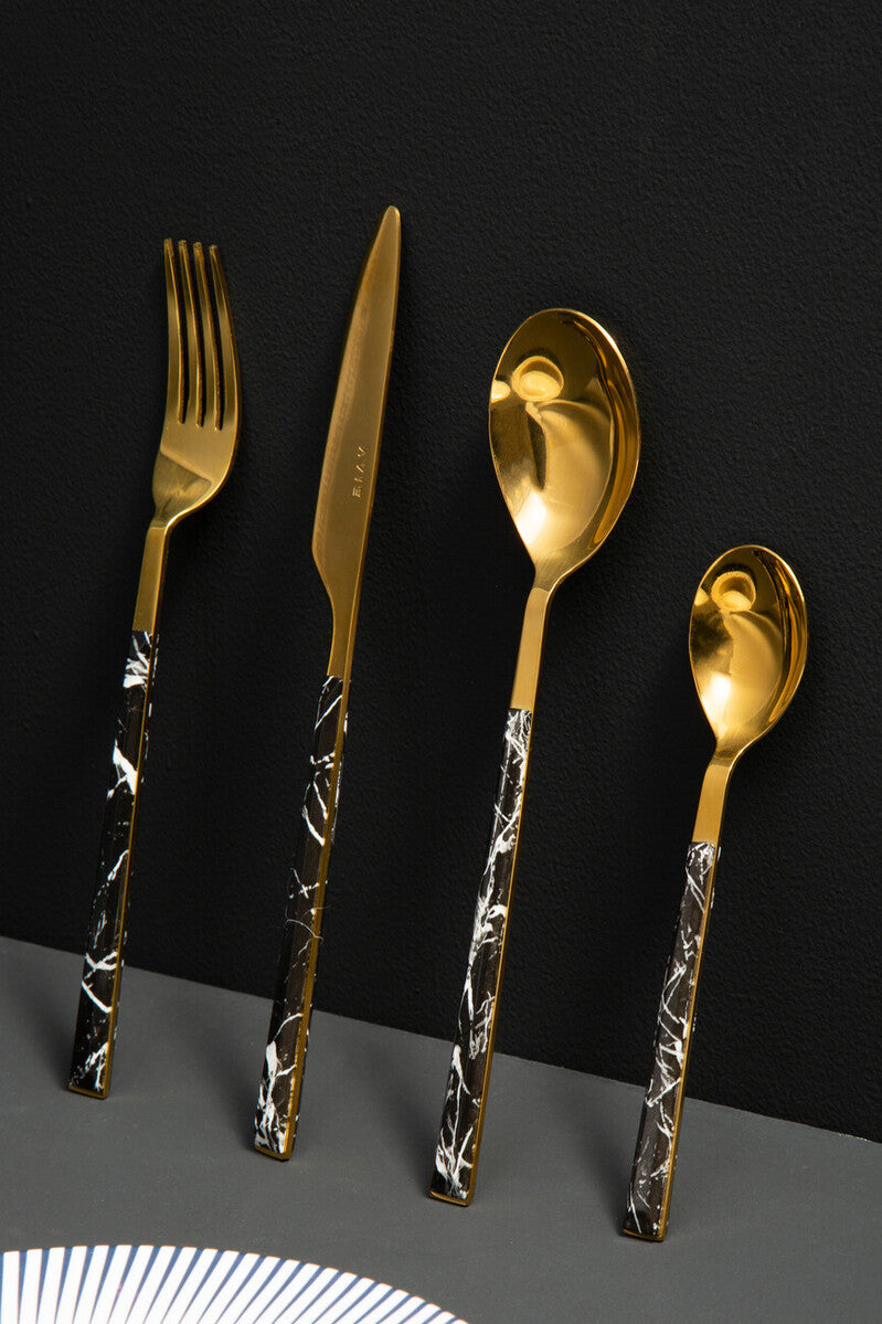 16 Piece Black Faux Marble Cutlery Set | Avie