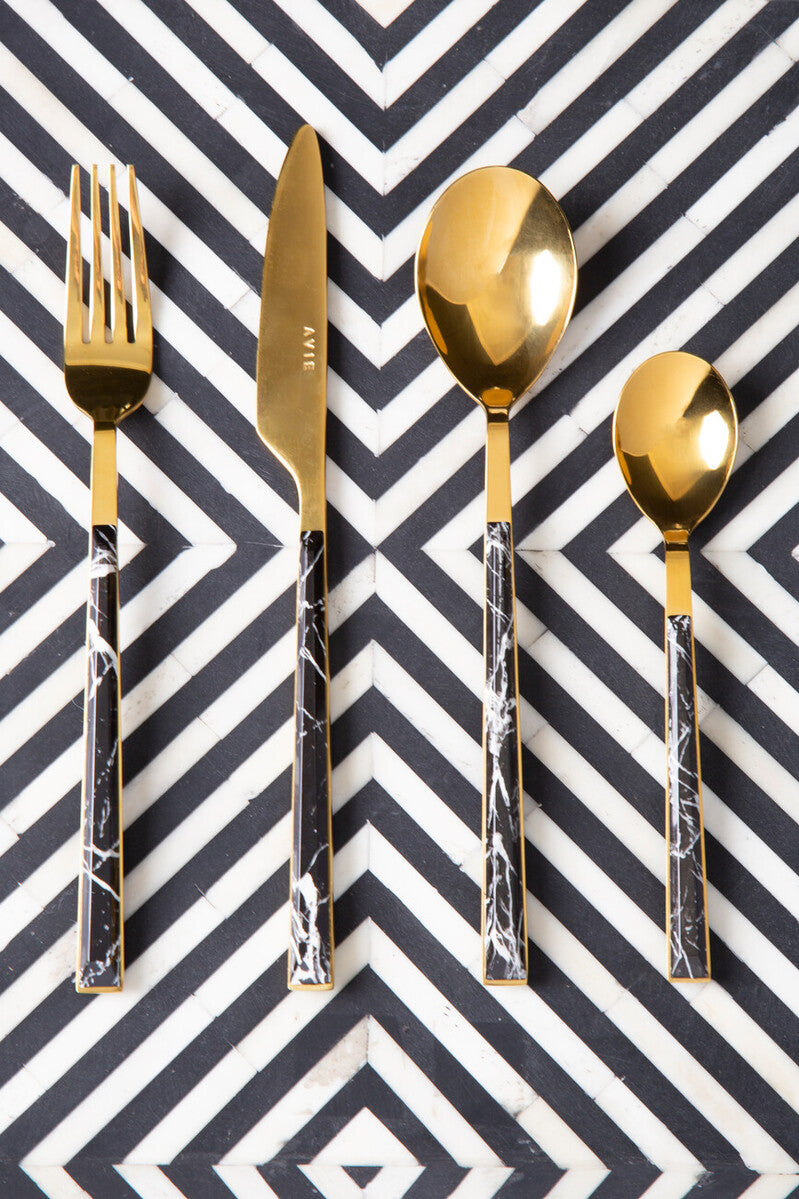 16 Piece Black Faux Marble Cutlery Set | Avie