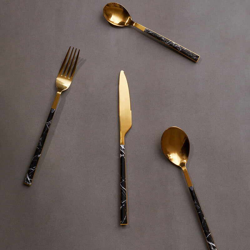 16 Piece Black Faux Marble Cutlery Set | Avie