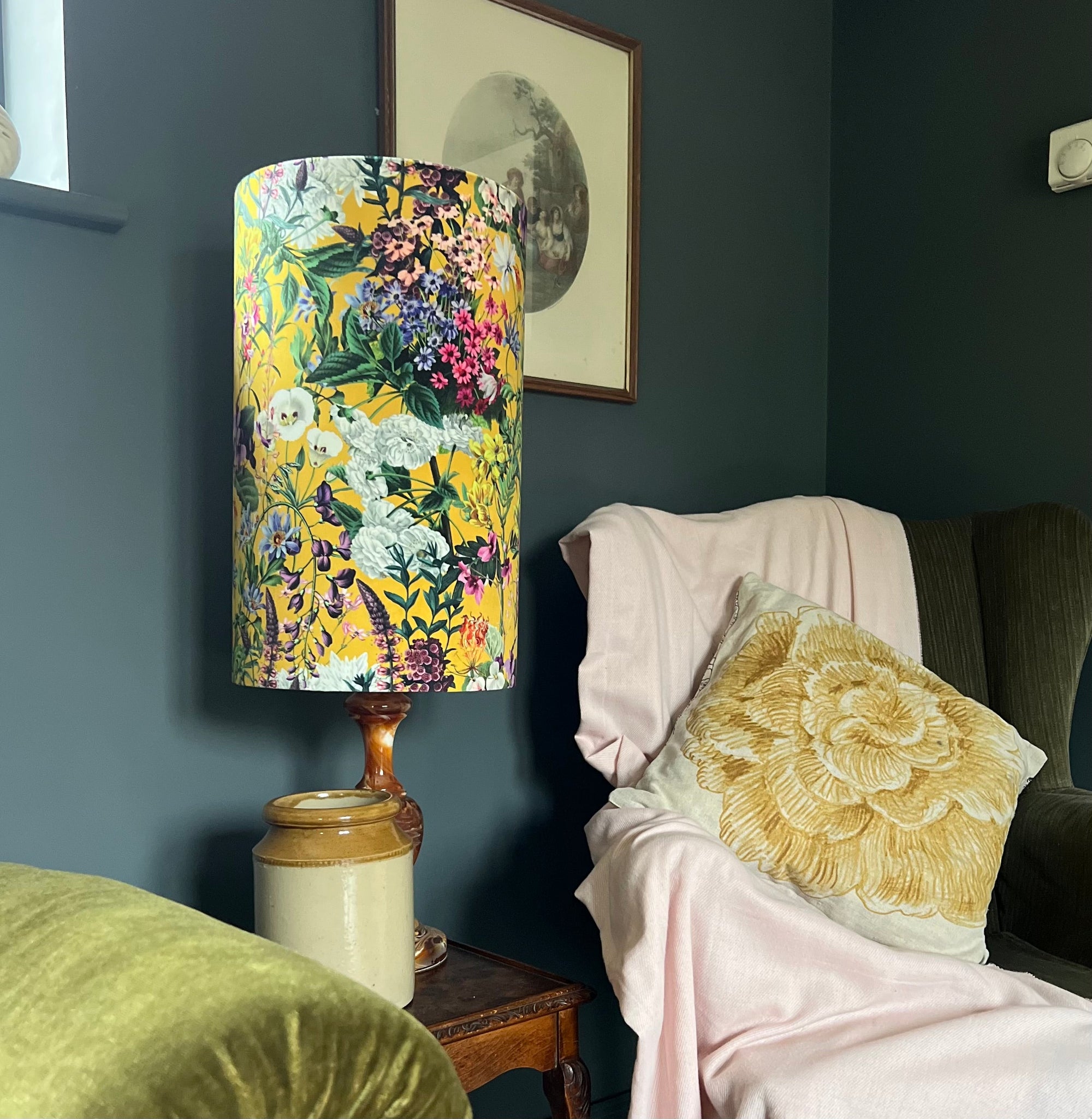 Mustard Flowers Velvet Lampshade | Extra Tall Cylinder Ceiling Light Shade | Bespoke Handmade UK