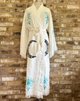 White with Turquoise Eye & Black Crescent Moon Print Kimono Robe: Full Length