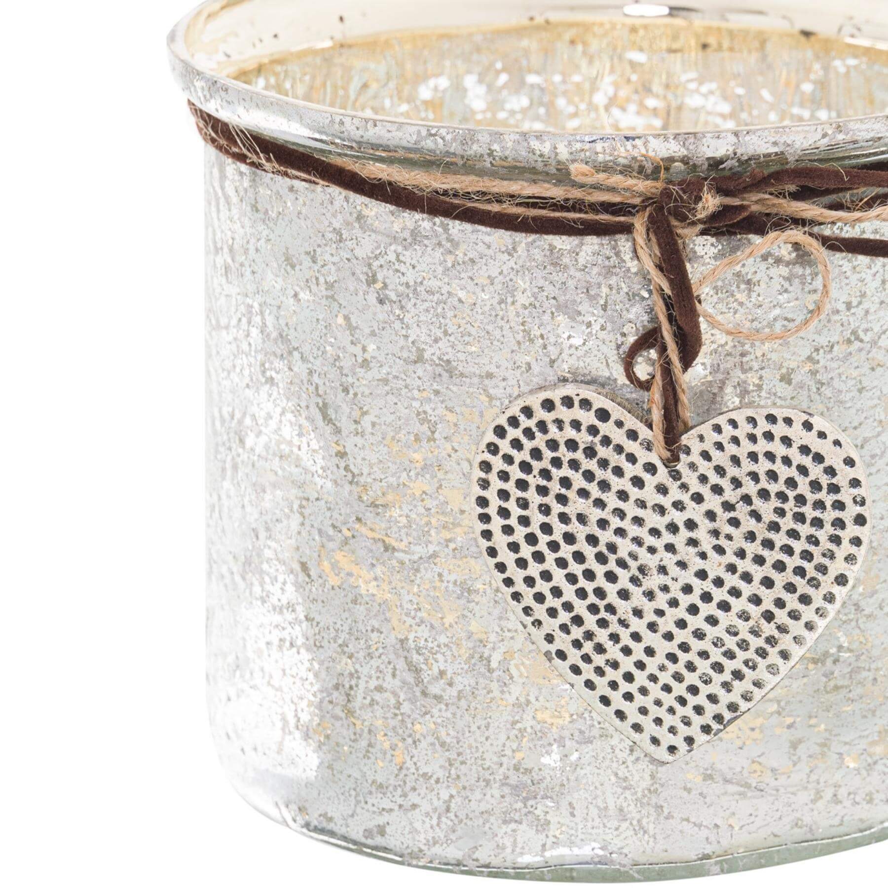 Mercury glass heart candle holder with hammered dots and twine bow, vintage rustic decor for mantels  by RoomLondon at brixbailey.com