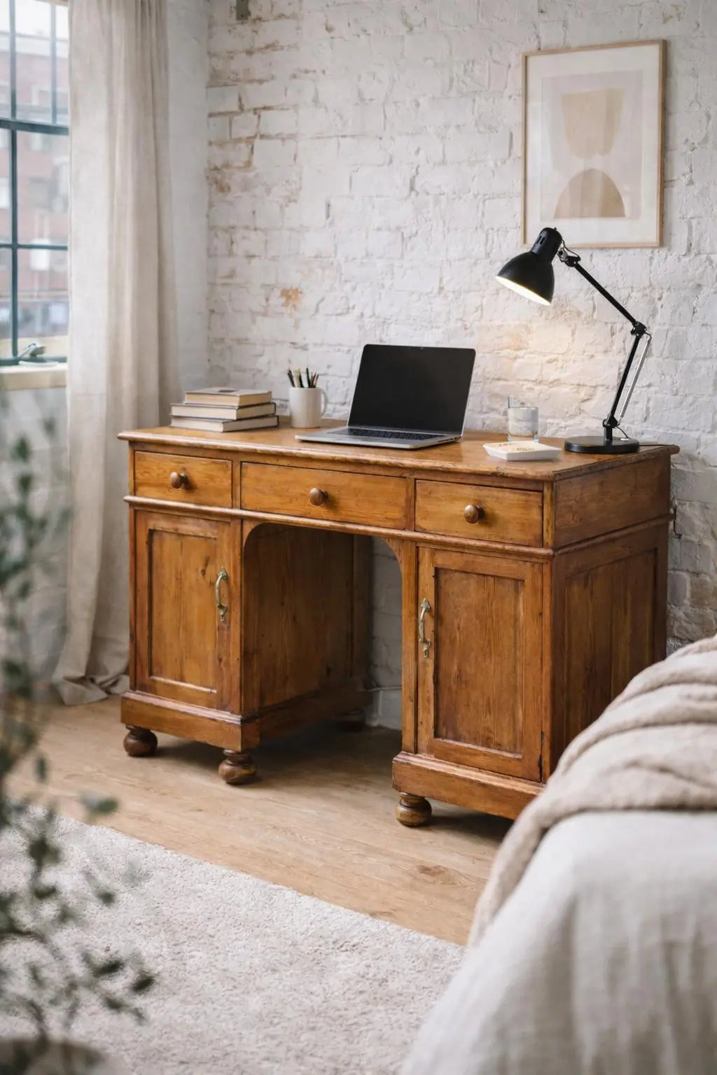 Antique Pine Pedestal Desk Dressing Table with Cupboards &amp; Drawers