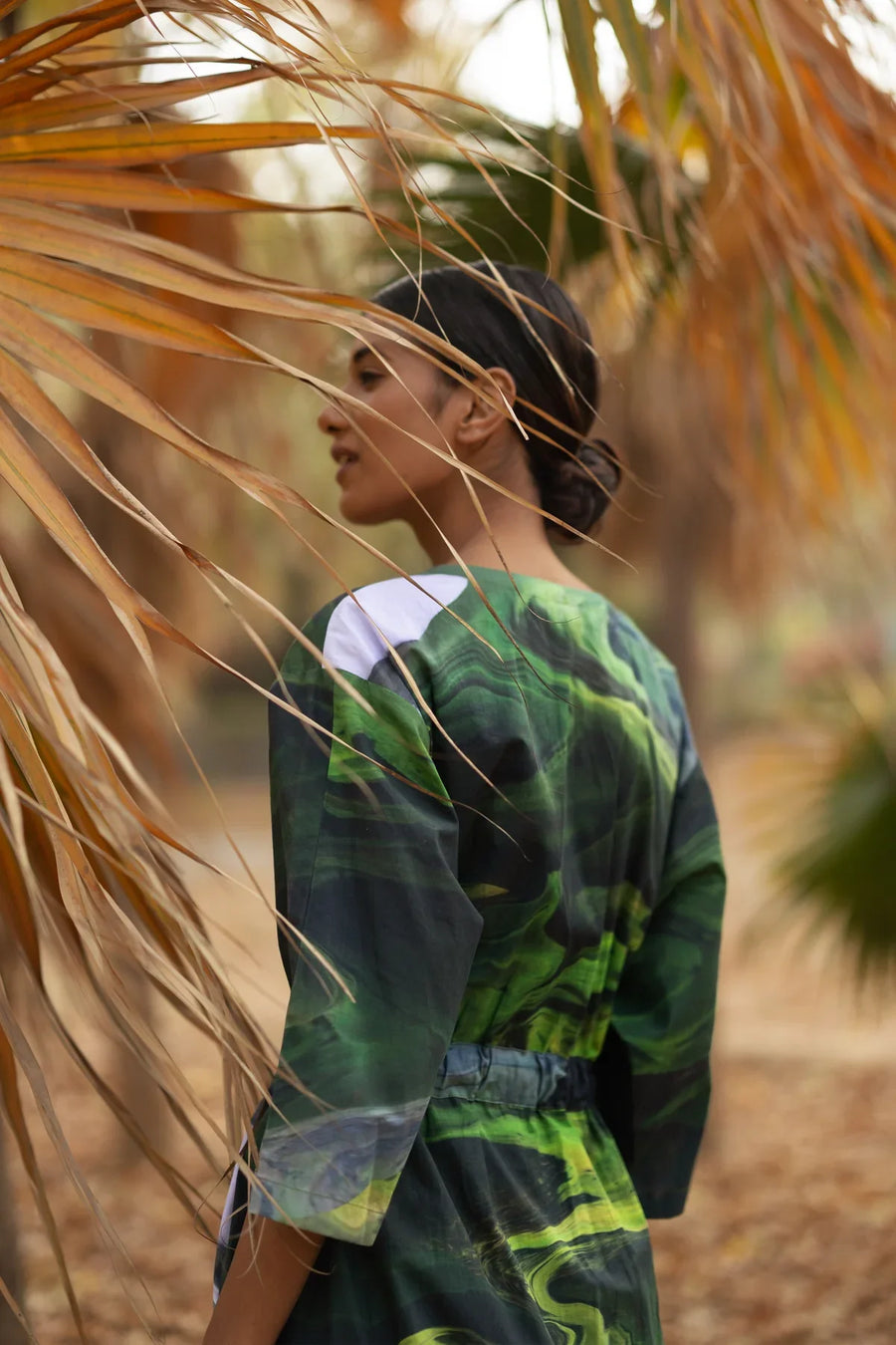 Luxury oversized green printed dress, sustainable upcycled cotton, handcrafted one-of-a-kind, long length, drawstring waist, side pockets by Bethikal at brixbailey.com