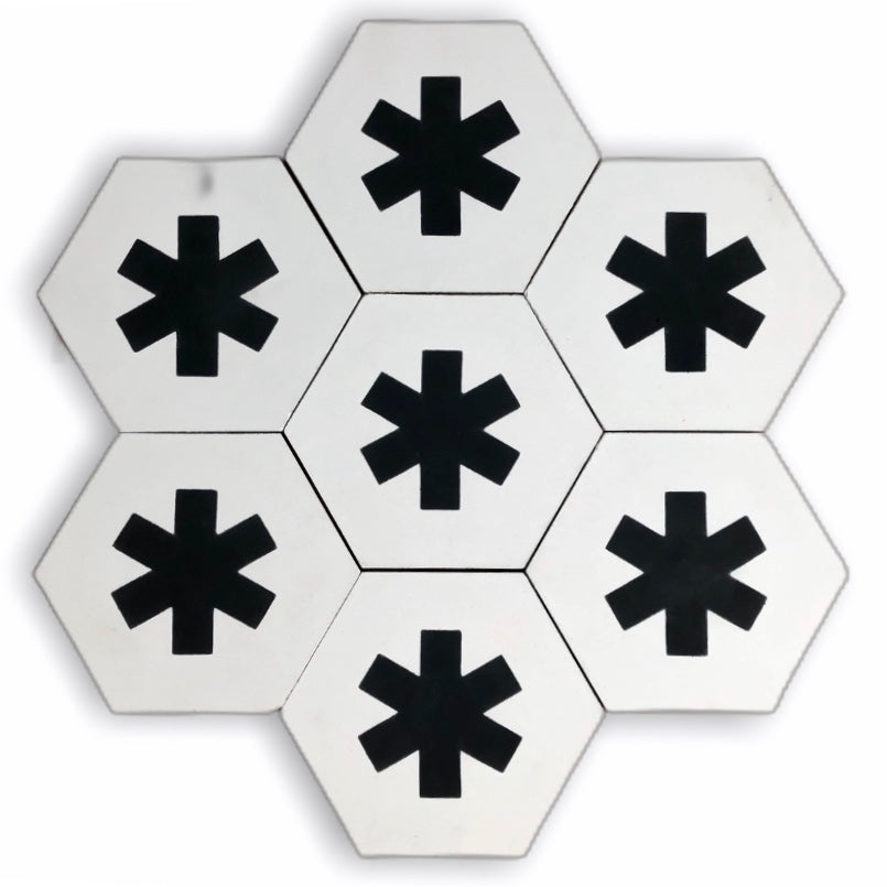 Black and white luxury hex cement floor tiles, premium handcrafted Cruz cross design, stylish contemporary statement for interior walls and floors by Maria Starling Design at brixbailey.com