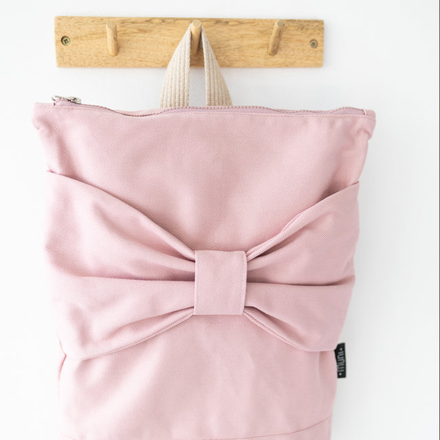 Pink Denim Bow Backpack, Adjustable Straps, 13″ Laptop
