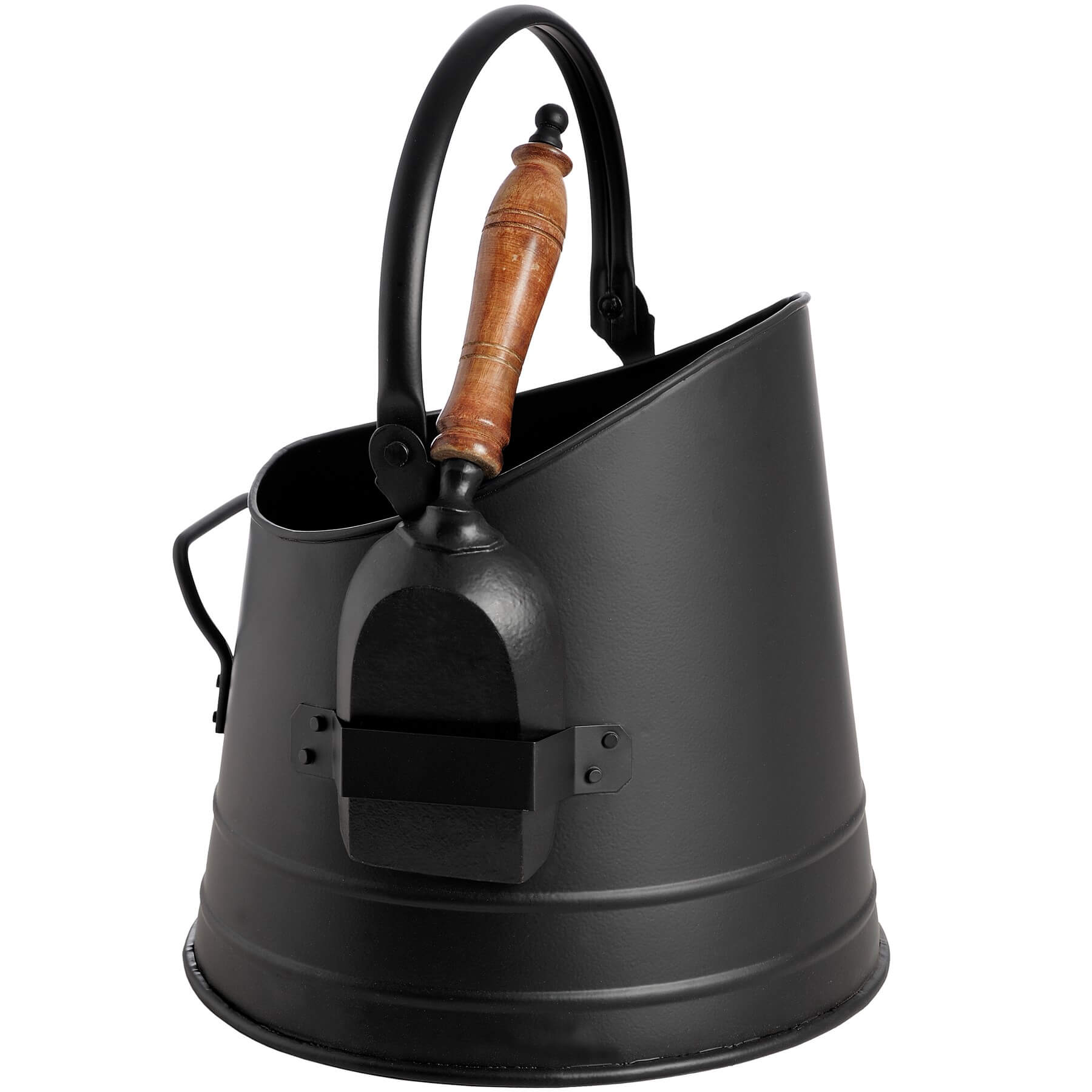 Handcrafted black steel coal bucket with wooden shovel, rustic farmhouse decor piece, 28cm height, matte finish by sostter at brixbailey.com