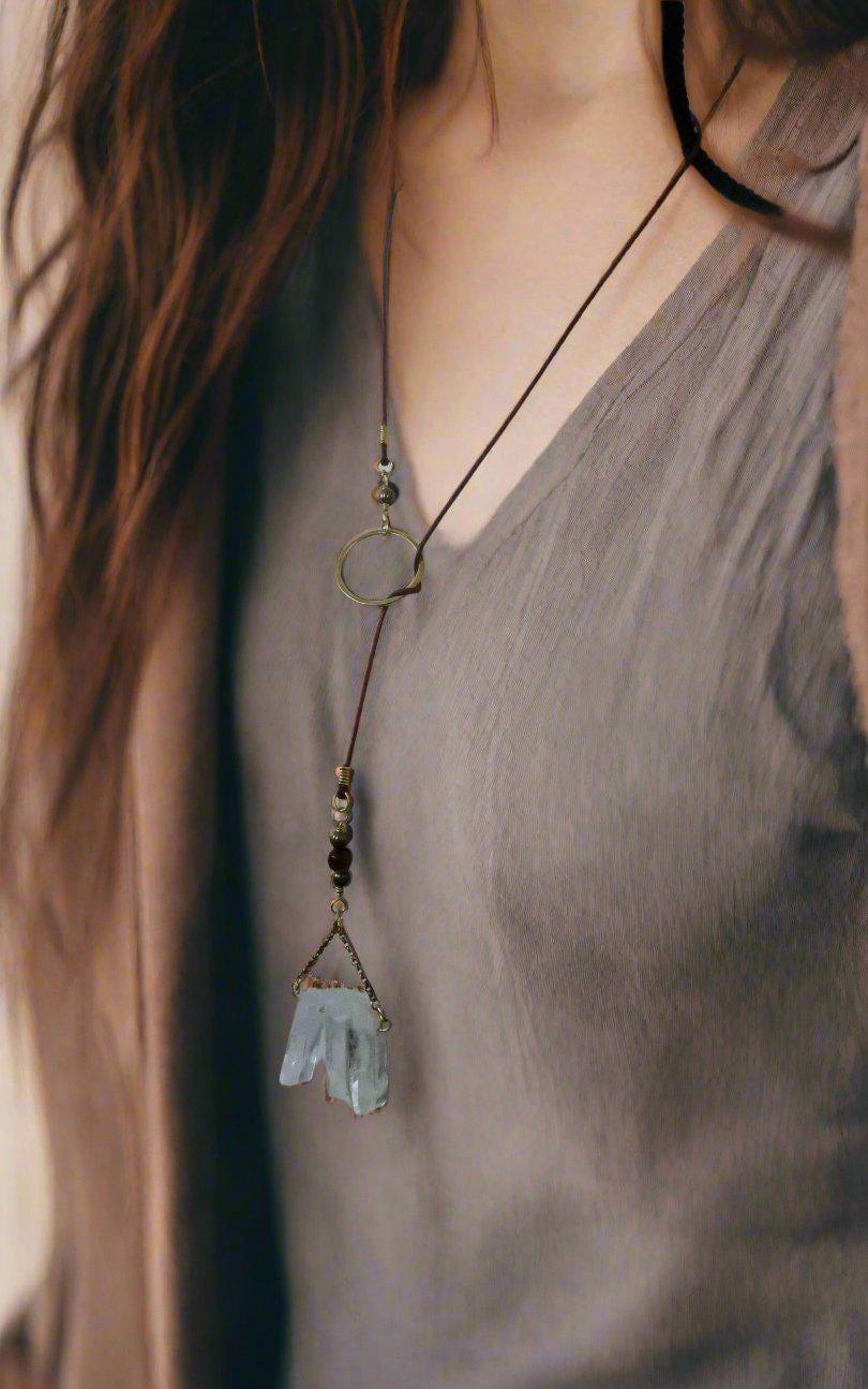 Quartz Lariat Leather &amp; Brass - Talisman | Handmade by Blackbird &amp; Sage