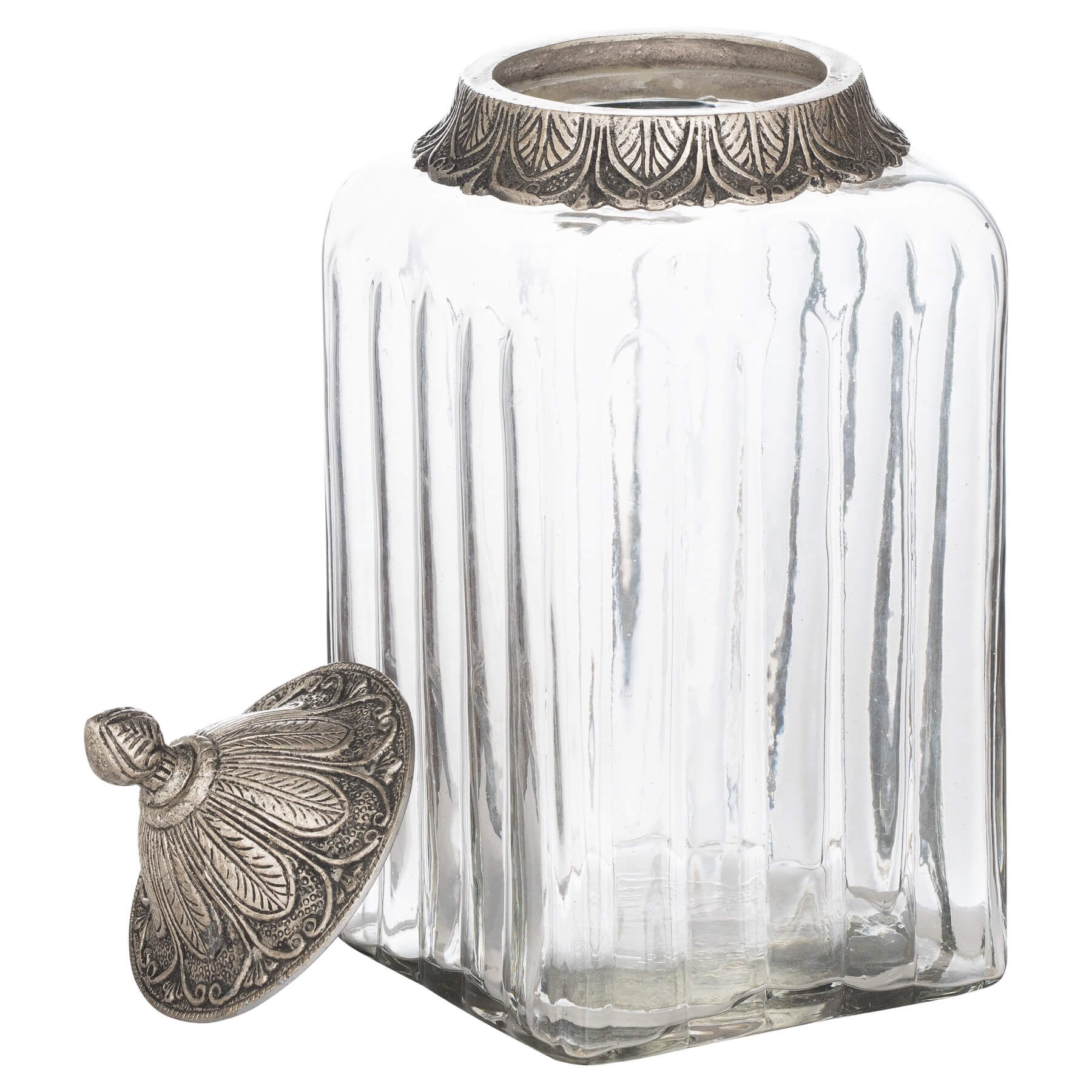 Handcrafted Moroccan lidded jar with hammered metal detailing and glass body for jewelry or spice storage by RoomLondon at brixbailey.com