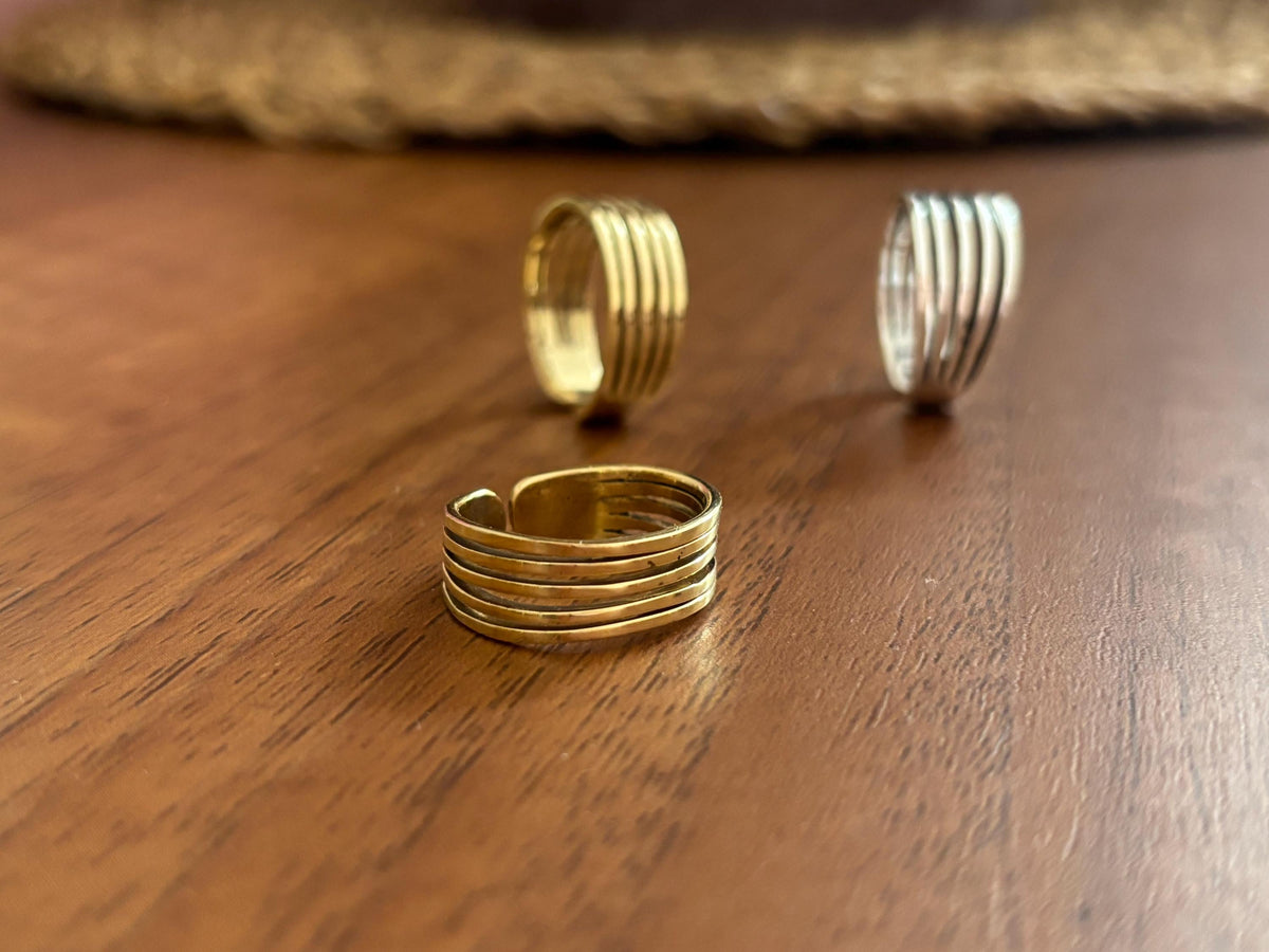 Textured Brass Wrap Ring – Gold/Silver Adjustable Boho Statement Rings.