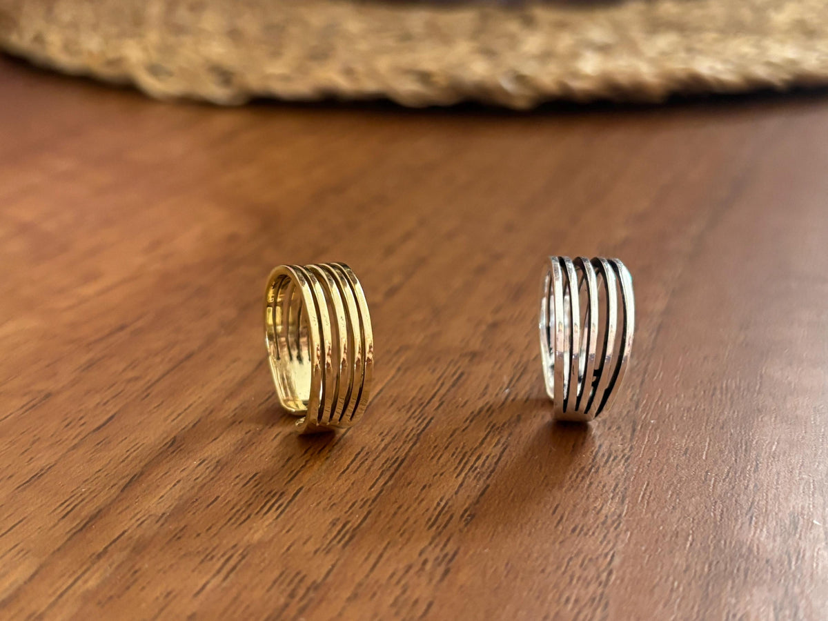 Textured Brass Wrap Ring – Gold/Silver Adjustable Boho Statement Rings.