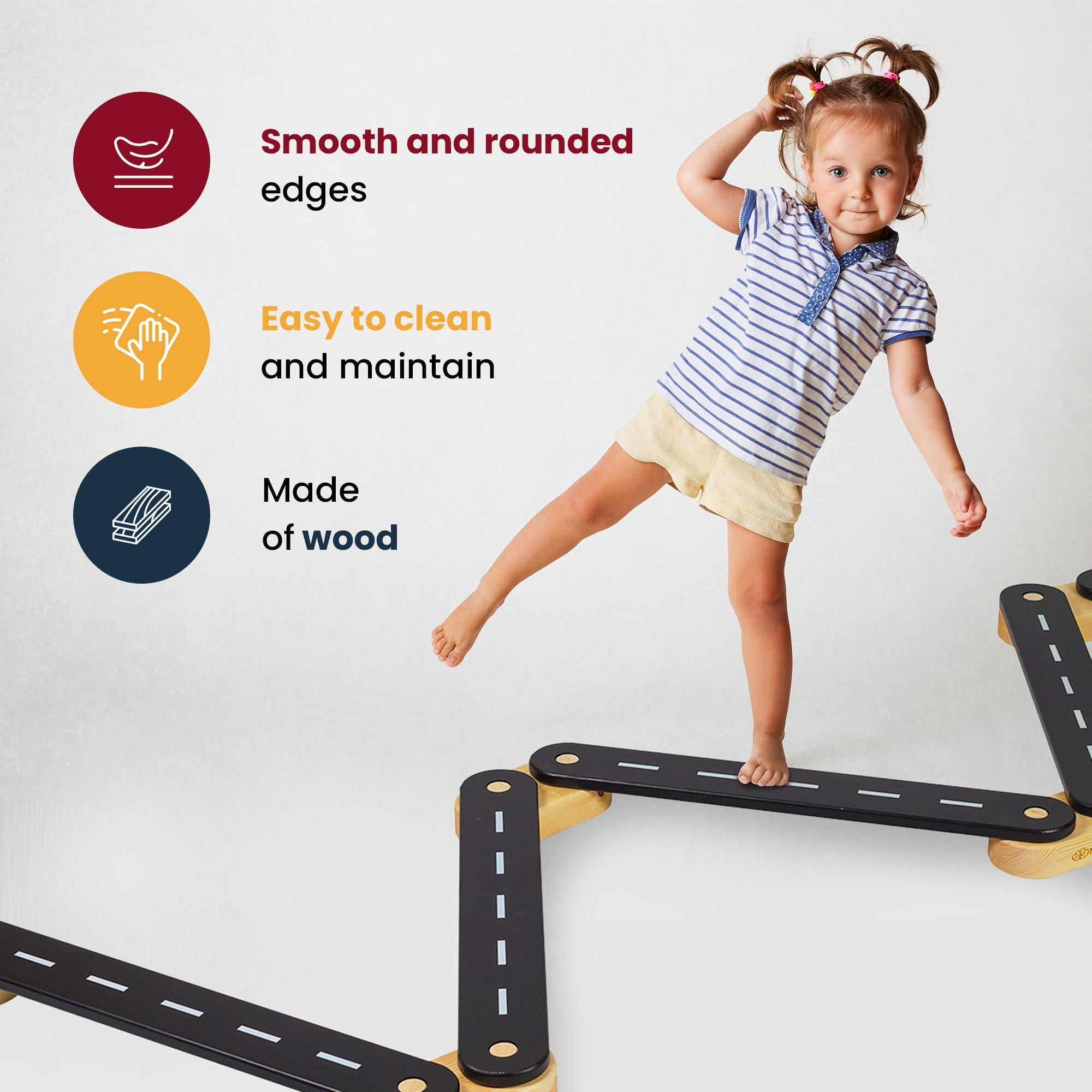 Wooden Balance Beam with Four Play Elements