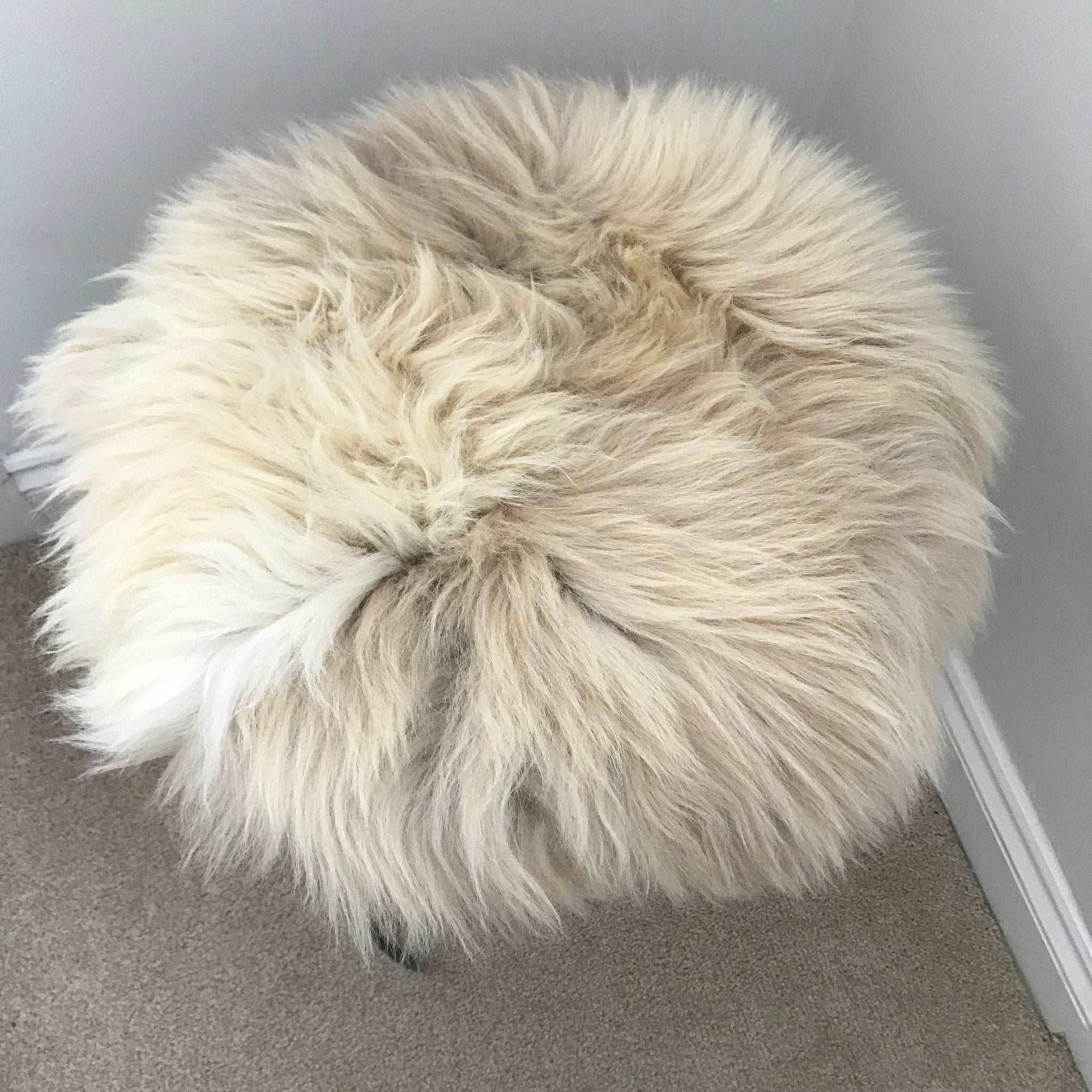 Luxury British sheepskin seat cover, 100% natural cream and light brown round hide, 35cm diameter, premium hypoallergenic fur by Wildash London at brixbailey.com