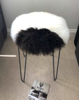 Premium genuine British sheepskin seat cover, round 35cm white with dark browns, luxury natural hide, therapeutic hypoallergenic, sustainable by Wildash London at brixbailey.com