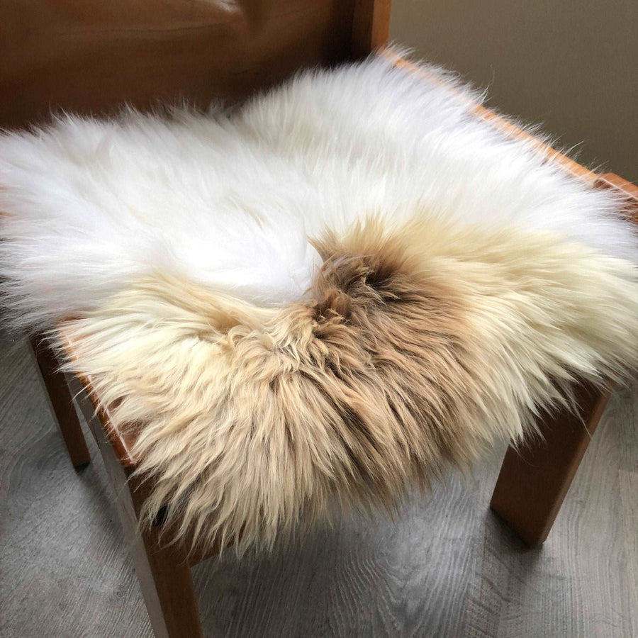 Luxury British sheepskin seat cover, lights cream and brown rare breed, 37cm square, premium natural hide, hypoallergenic, handcrafted by Wildash London at brixbailey.com