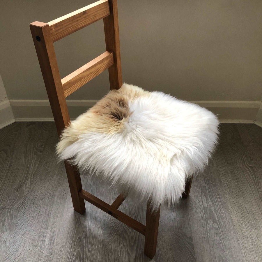 Luxury British sheepskin seat pad, 37cm square, lights cream and brown rare breed, premium natural hide, hypoallergenic, therapeutic by Wildash London at brixbailey.com