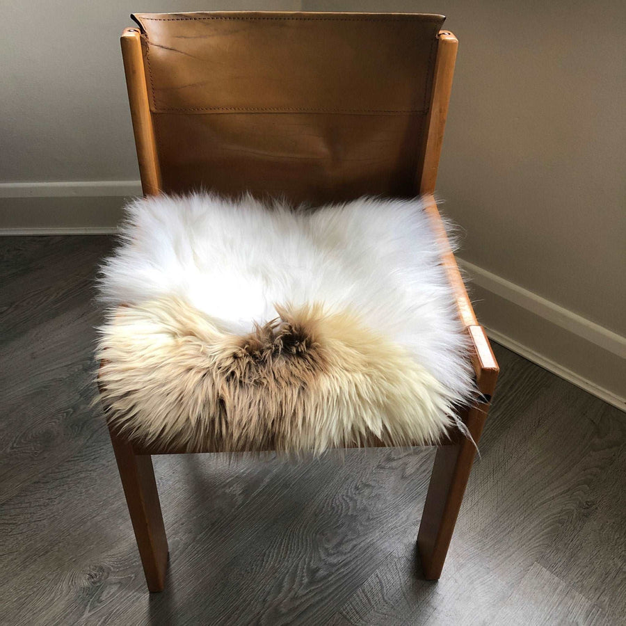 Luxury British sheepskin seat cover, 37cm square, light cream and brown rare breed, premium natural hide, hypoallergenic, therapeutic by Wildash London at brixbailey.com
