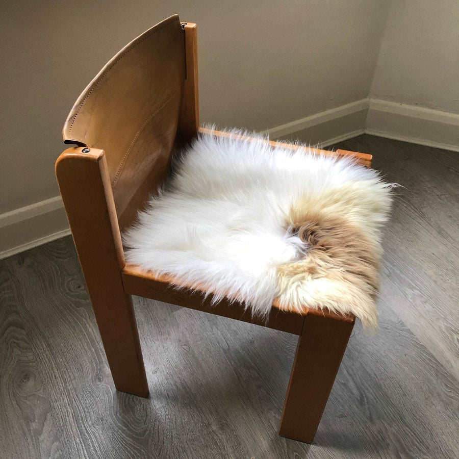 Luxury British sheepskin seat cover, lights cream and brown rare breed, 37cm x 37cm, premium natural hide, hypoallergenic, stylish and cozy by Wildash London at brixbailey.com