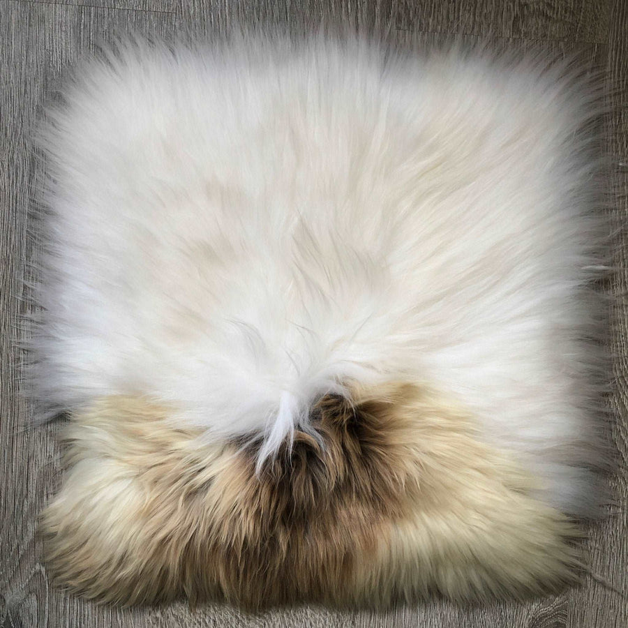 Luxury British sheepskin seat pad, 37cm square, lights cream and brown rare breed, premium natural hide, handcrafted, hypoallergenic by Wildash London at brixbailey.com