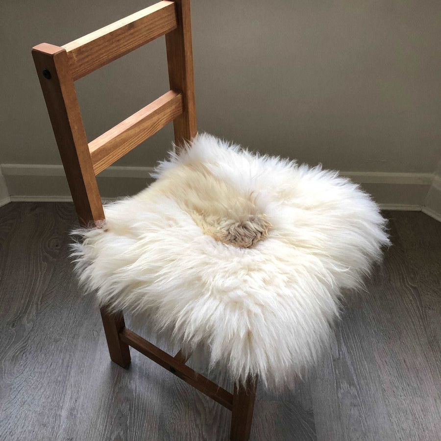 Luxury British sheepskin seat pad, 37cm square, lights cream and brown rare breed, premium natural hide, handcrafted, hypoallergenic by Wildash London at brixbailey.com