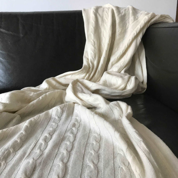 Luxury 100% pure cashmere throw, heritage cable knit design, whipped cream, handcrafted in Nepal, premium winter accessory by Wildash London at brixbailey.com