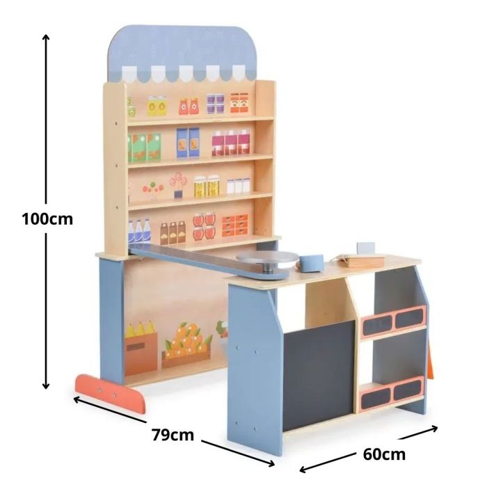 soft-lit wooden supermarket playset with a child arranging the customizable shelf