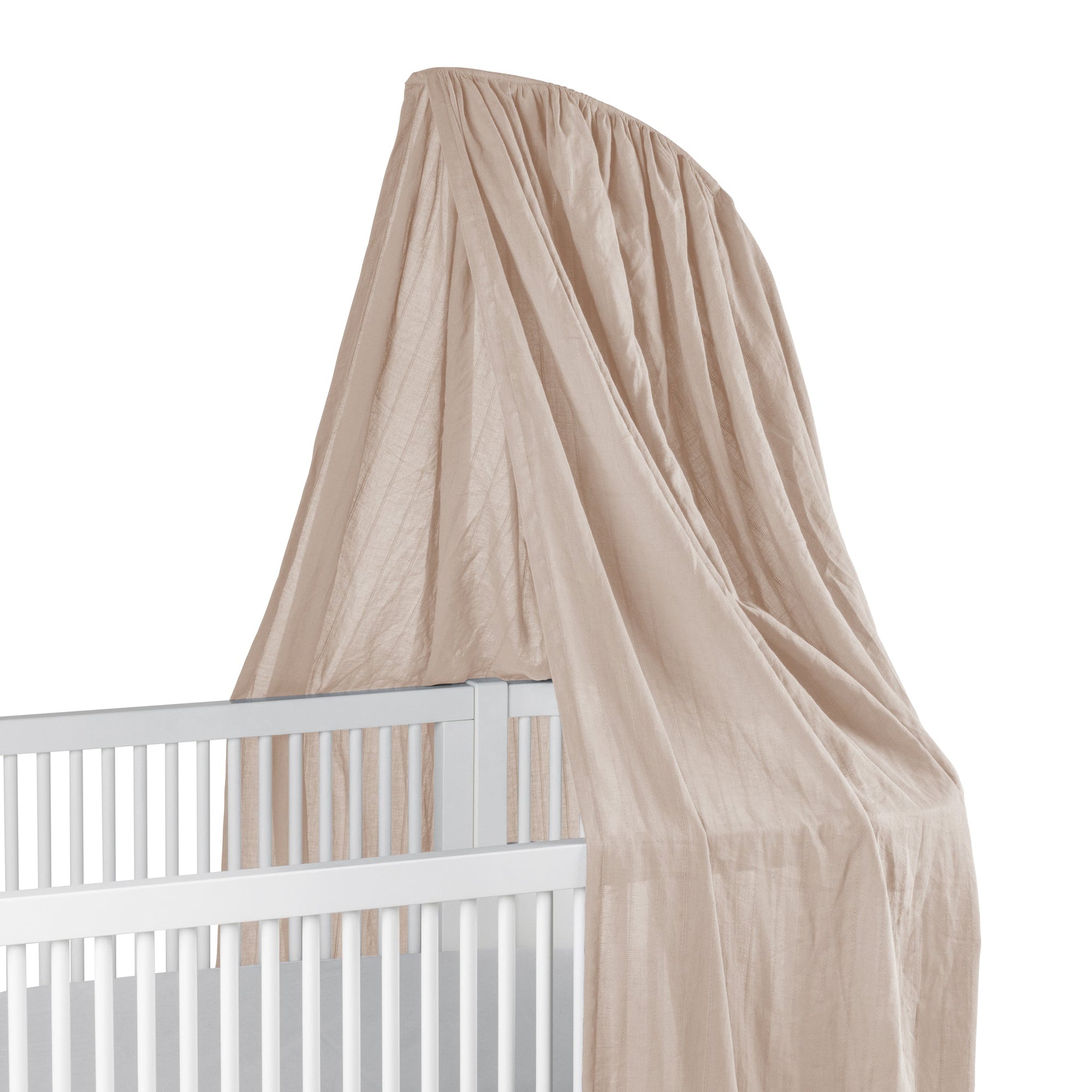 Sebra Sky Canopy in Birchbark Rose, luxury organic cotton canopy for cribs, elegant dobby weave, easy mobile holder attachment, breathable lightweight design by Ella James at brixbailey.com