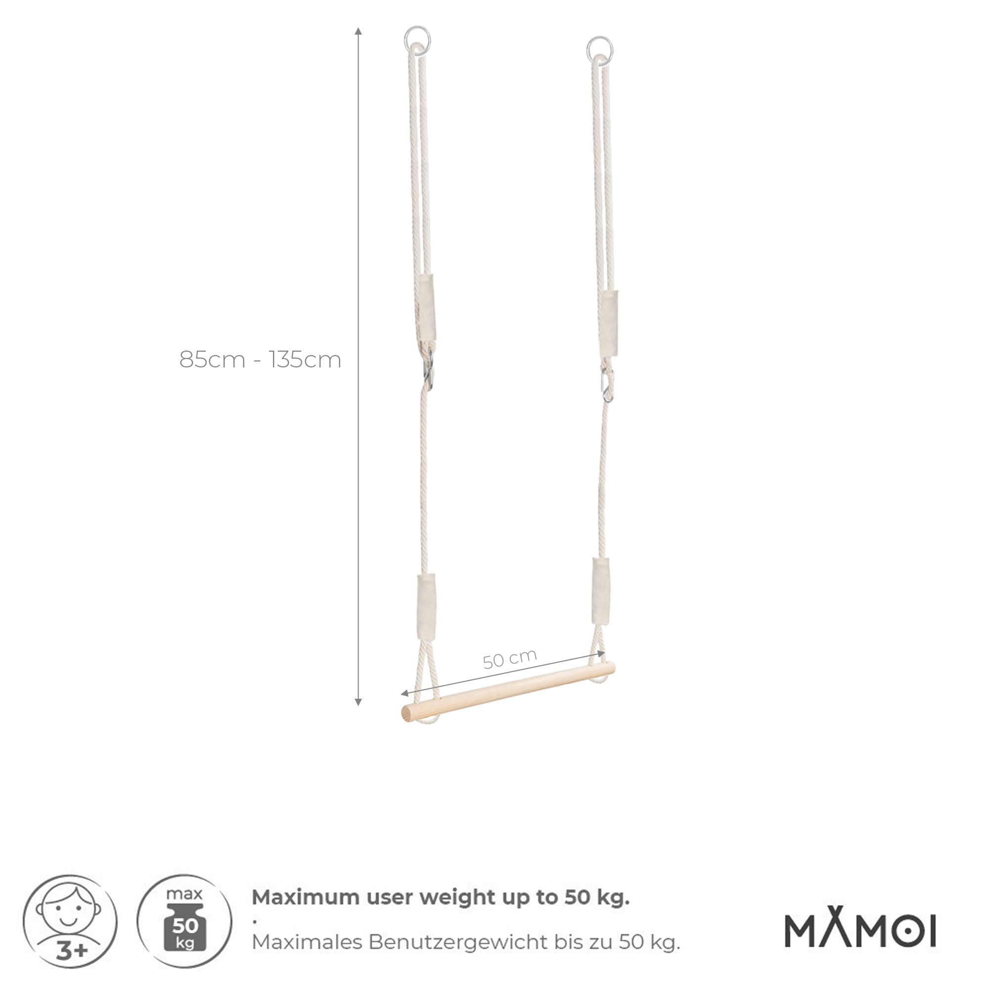 MAMOI® MAMOI® Pierścienie gimnastyczne trapez huśtawka 2 w 1 wielofunkcyjna z drewnianym drążkiem zawieszenia do 50 kg | 100% ECO | Wyprodukowano w UE-2
