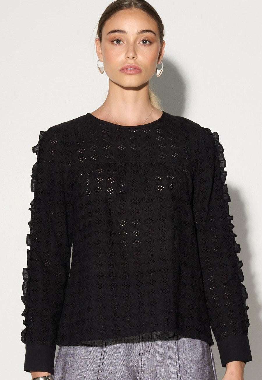 Luxury black ruffled blouse with lace inserts, puff sleeves, and romantic eyelet fabric by GILD at brixbailey.com