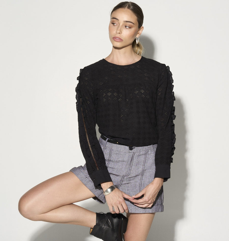 Luxury black ruffled blouse with eyelet fabric, puff sleeves, lace inserts, romantic and edgy style, premium cotton top by GILD at brixbailey.com