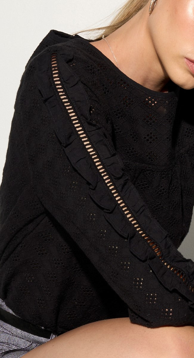 Luxury black ruffled blouse with lace inserts, puff sleeves, and eyelet fabric, edgy romantic top by GILD at brixbailey.com